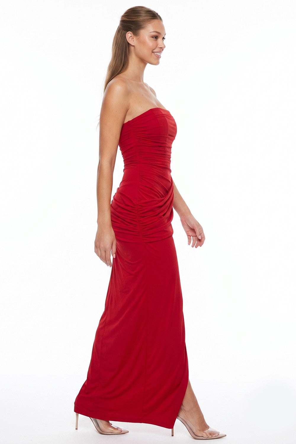 Strapless Mesh Ruched Drape Maxi Dress