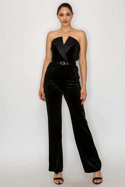 Lapel Belted Velvet Strapless Jumpsuit