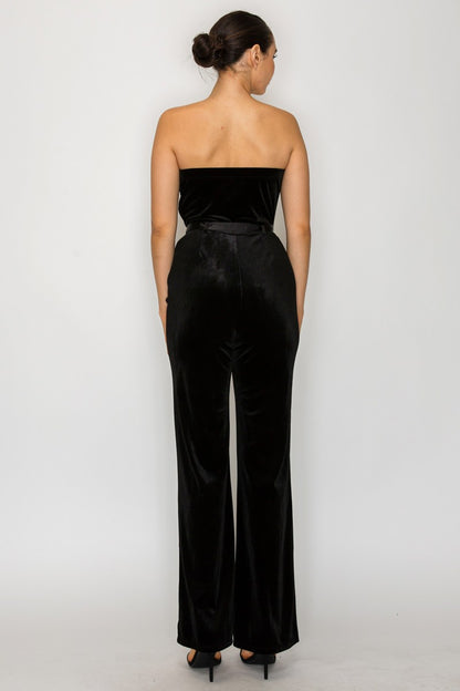 Lapel Belted Velvet Strapless Jumpsuit