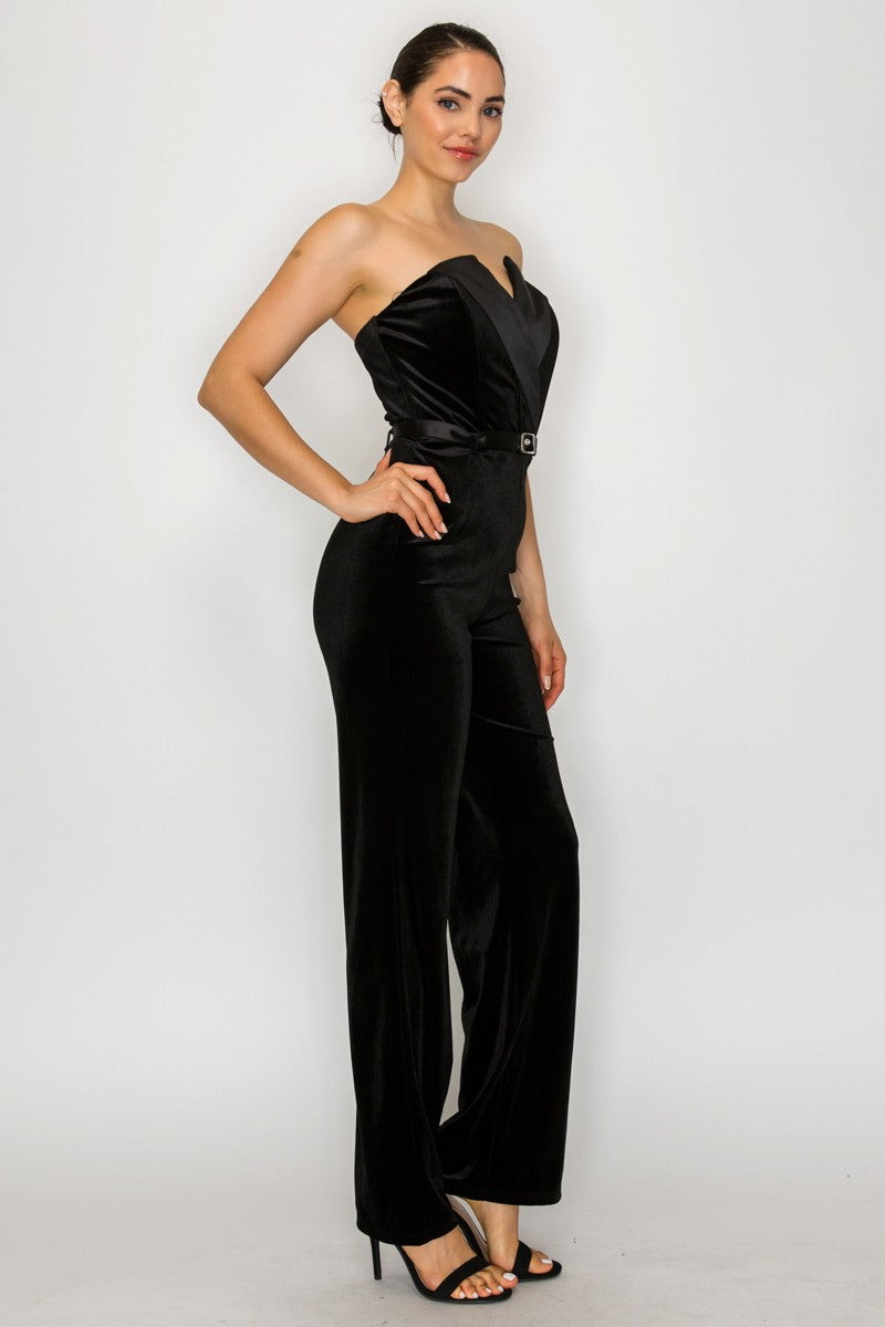 Lapel Belted Velvet Strapless Jumpsuit