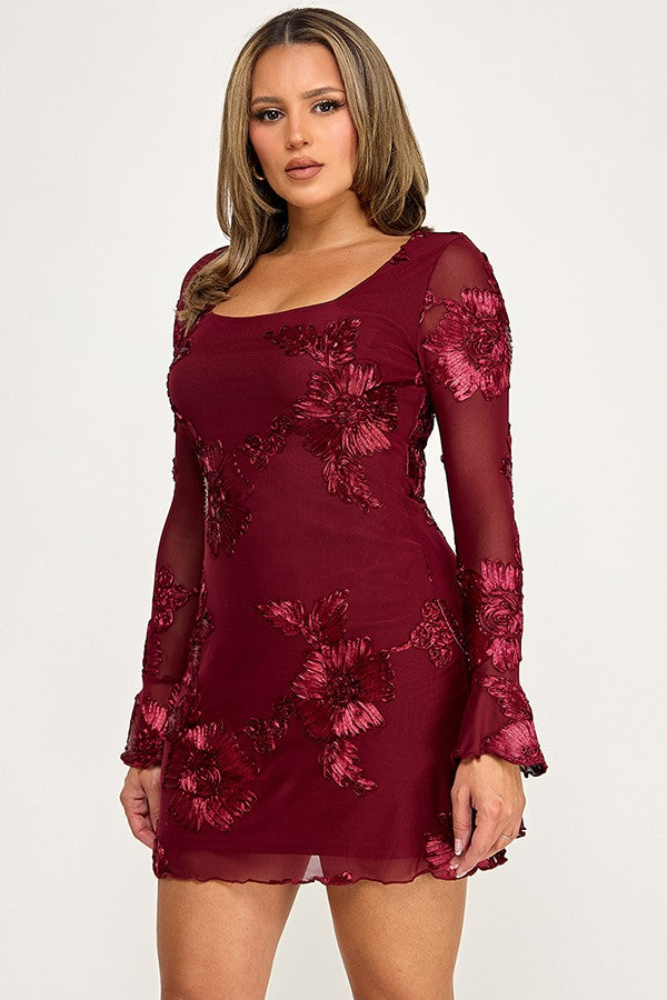 Floral Mesh Long Sleeve A Line Mini Dress