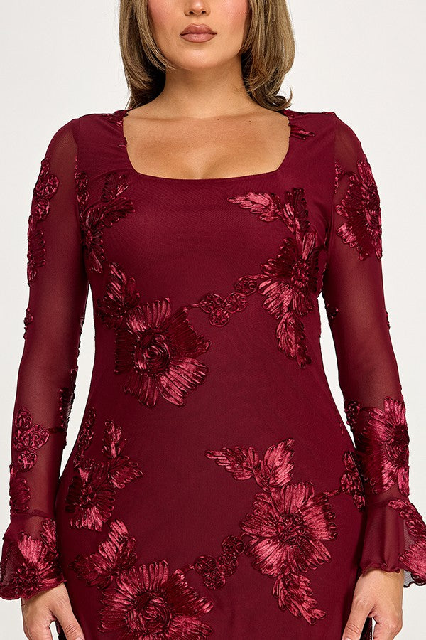 Floral Mesh Long Sleeve A Line Mini Dress