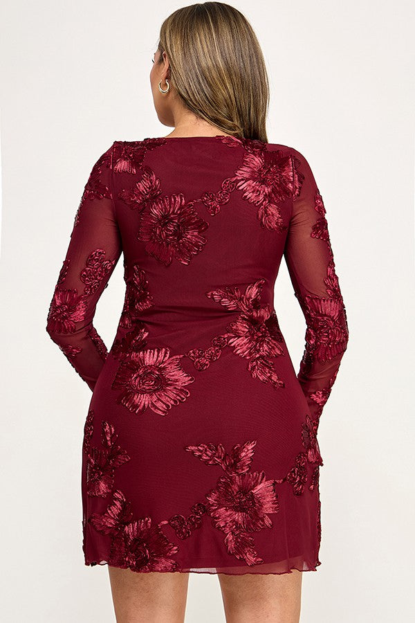 Floral Mesh Long Sleeve A Line Mini Dress