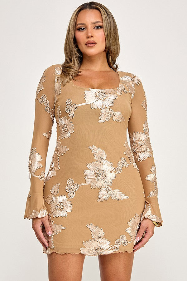 Floral Mesh Long Sleeve A Line Mini Dress