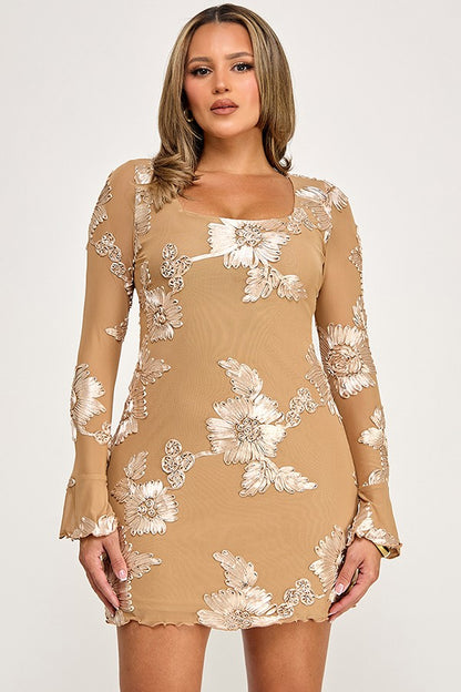 Floral Mesh Long Sleeve A Line Mini Dress