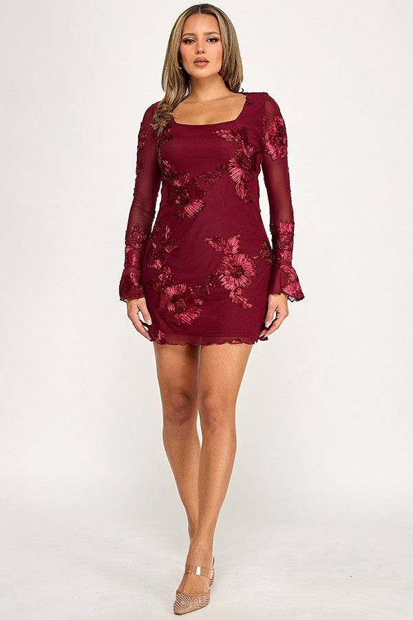 Floral Mesh Long Sleeve A Line Mini Dress