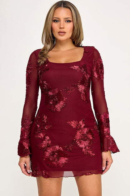 Floral Mesh Long Sleeve A Line Mini Dress