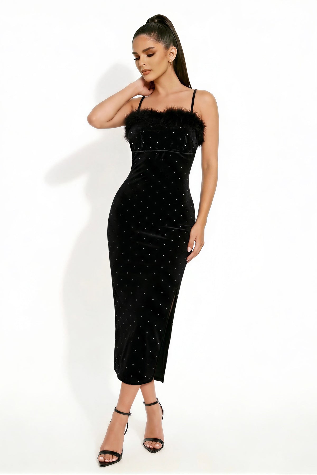 Fur-trim Rhinestone Velvet Sleeveless Midi Dress