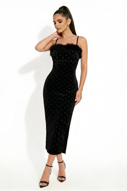 Fur-trim Rhinestone Velvet Sleeveless Midi Dress