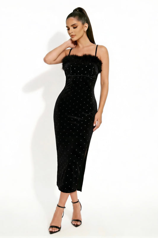 Fur-trim Rhinestone Velvet Sleeveless Midi Dress