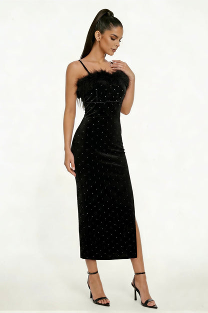 Fur-trim Rhinestone Velvet Sleeveless Midi Dress