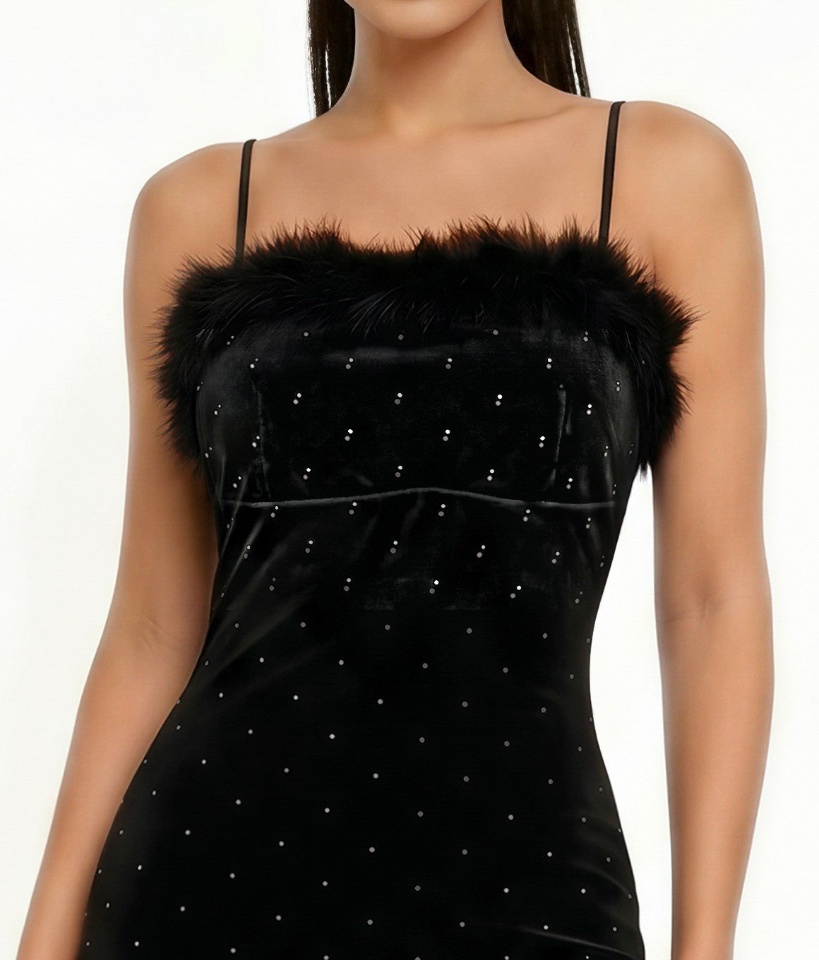 Fur-trim Rhinestone Velvet Sleeveless Midi Dress