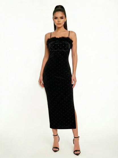 Fur-trim Rhinestone Velvet Sleeveless Midi Dress