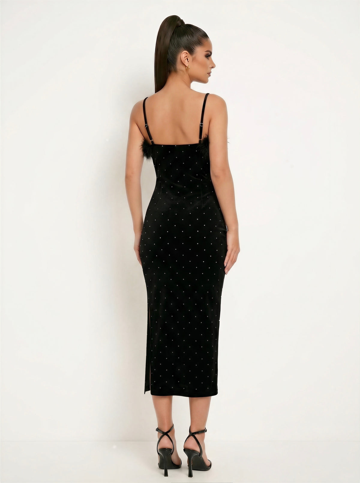 Fur-trim Rhinestone Velvet Sleeveless Midi Dress