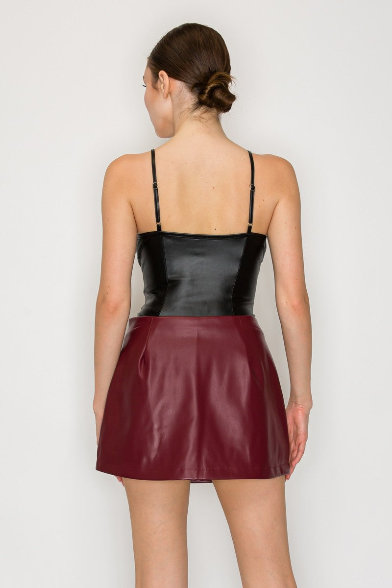 Faux Leather Ruched Cups Sleeveless Bodysuit