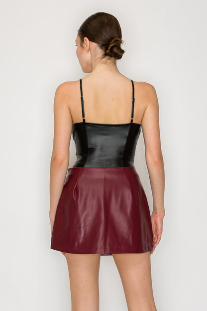 Faux Leather Ruched Cups Sleeveless Bodysuit