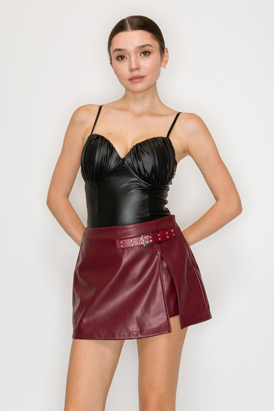 Faux Leather Ruched Cups Sleeveless Bodysuit
