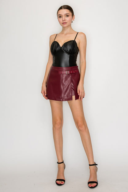 Faux Leather Ruched Cups Sleeveless Bodysuit