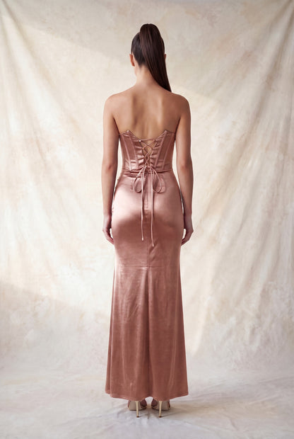 Strapless Velvet Side Slit Corset Maxi Dress