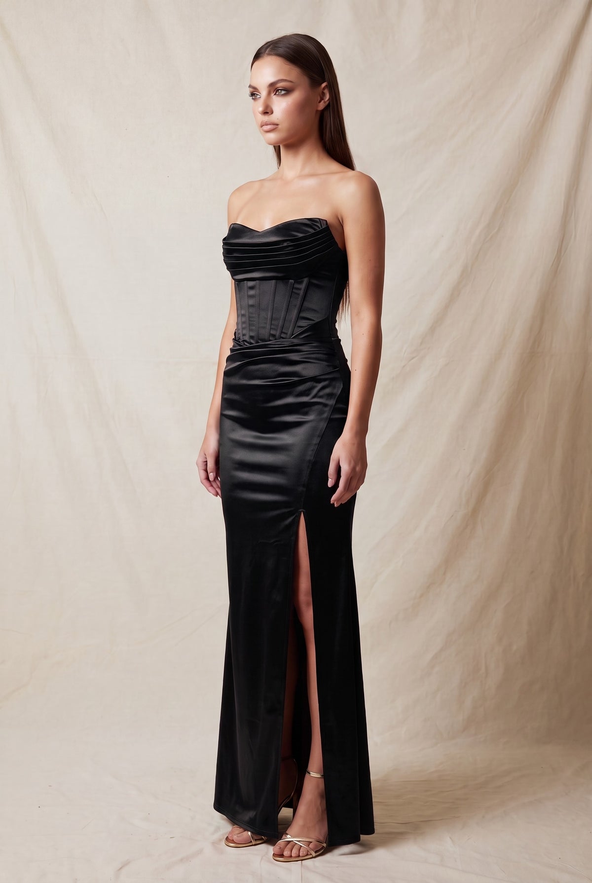 Strapless Velvet Side Slit Corset Maxi Dress