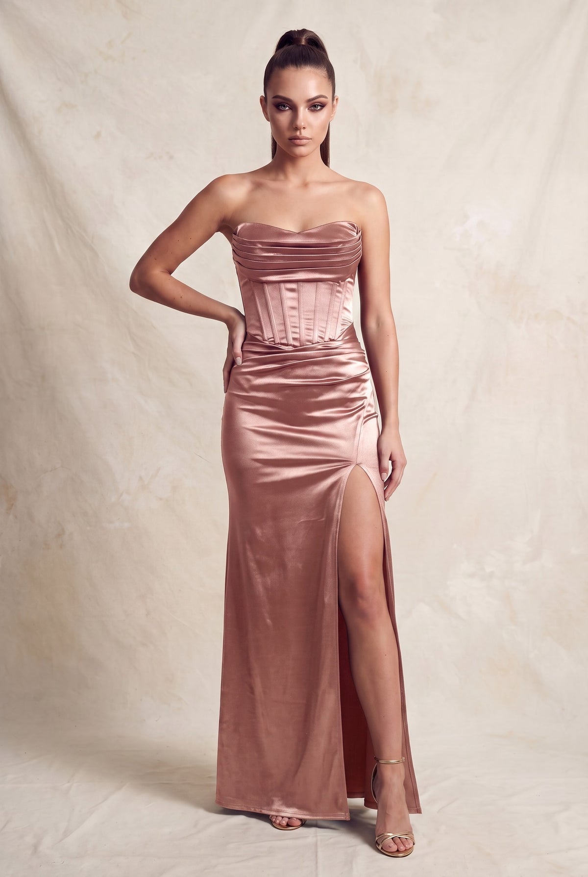 Strapless Velvet Side Slit Corset Maxi Dress