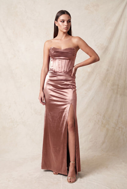 Strapless Velvet Side Slit Corset Maxi Dress