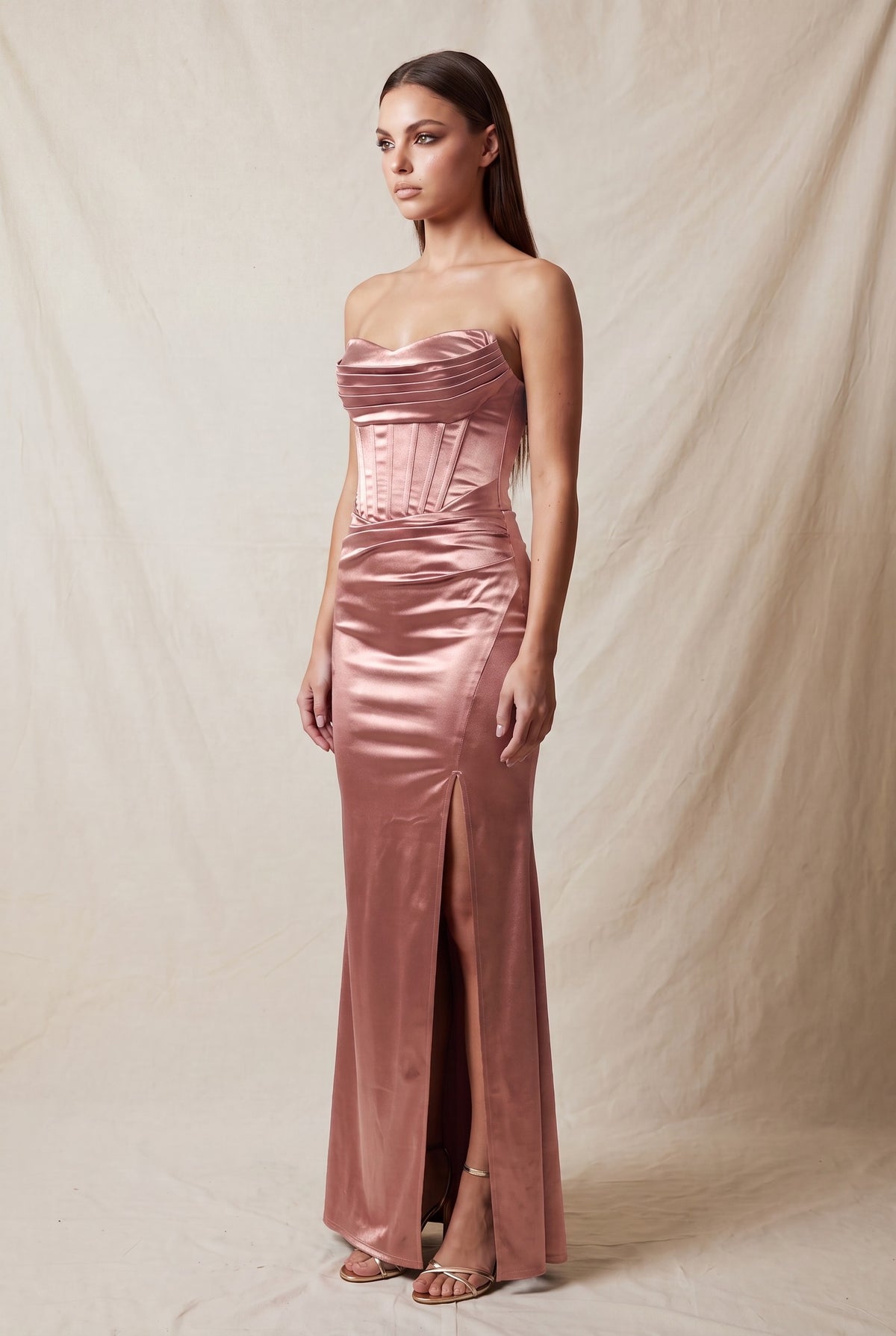 Strapless Velvet Side Slit Corset Maxi Dress
