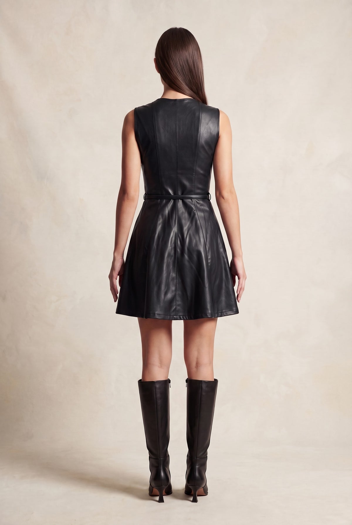Belted Faux Leather Flare Mini Dress