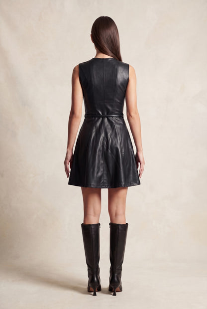 Belted Faux Leather Flare Mini Dress