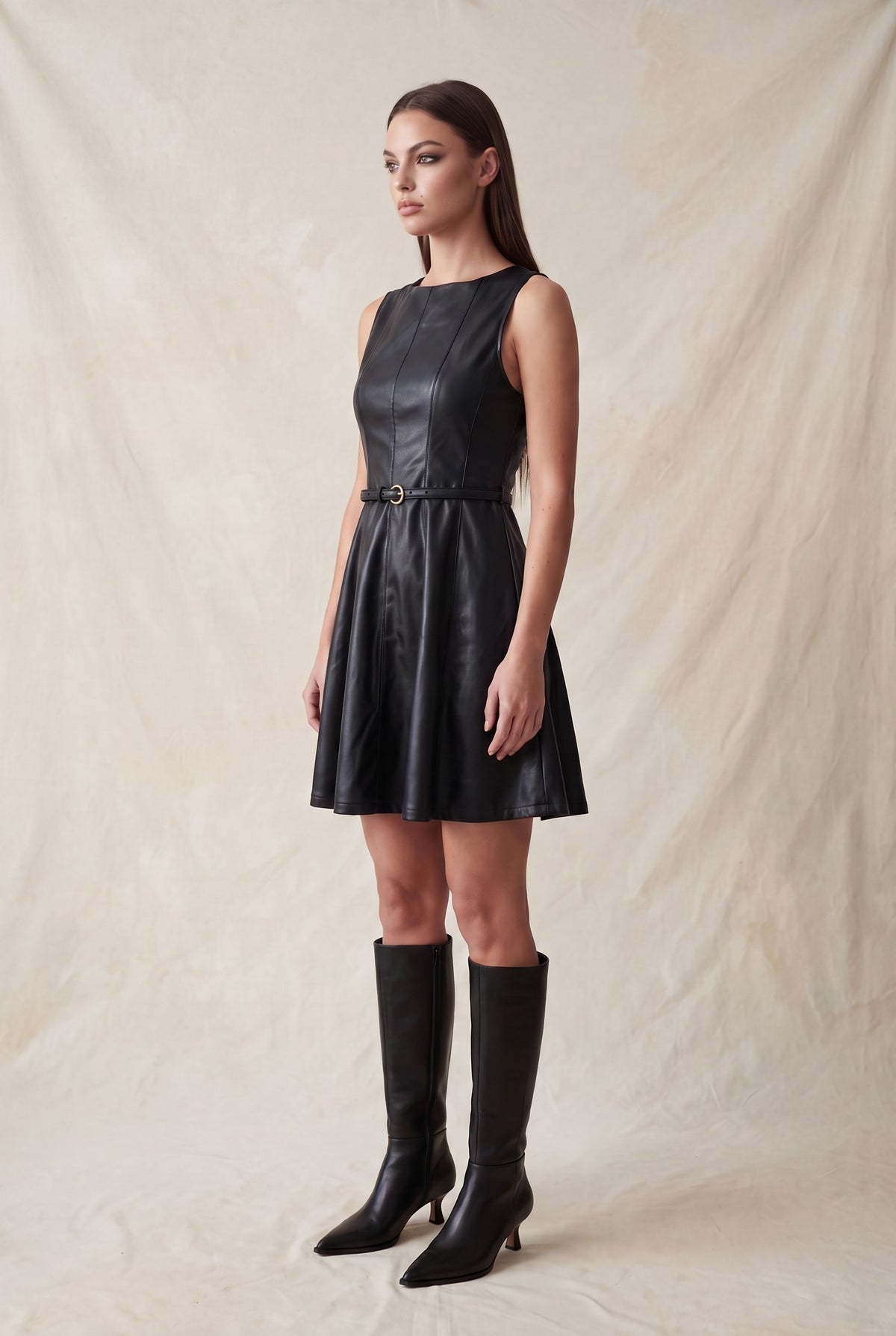 Belted Faux Leather Flare Mini Dress