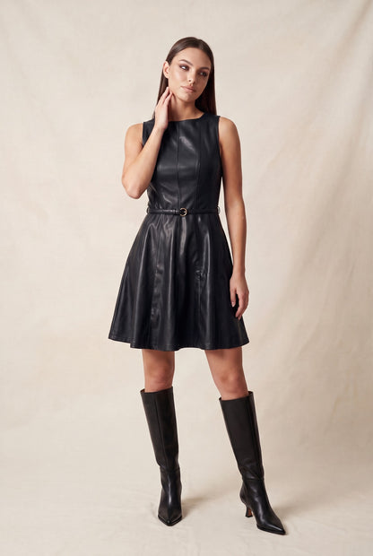 Belted Faux Leather Flare Mini Dress