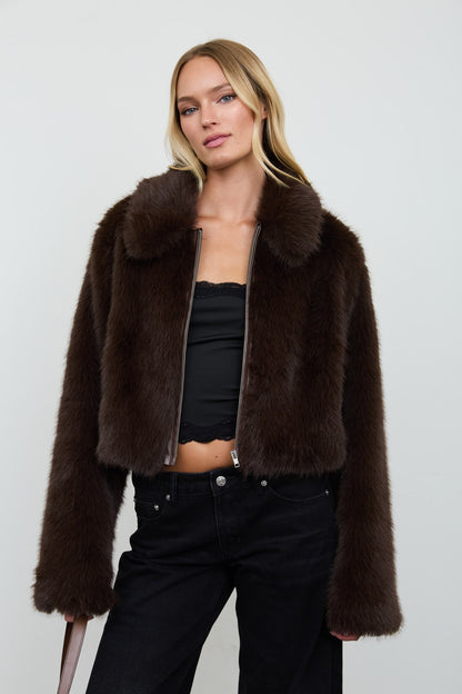 Cropped Faux Fur Zip-up Collared Jacket