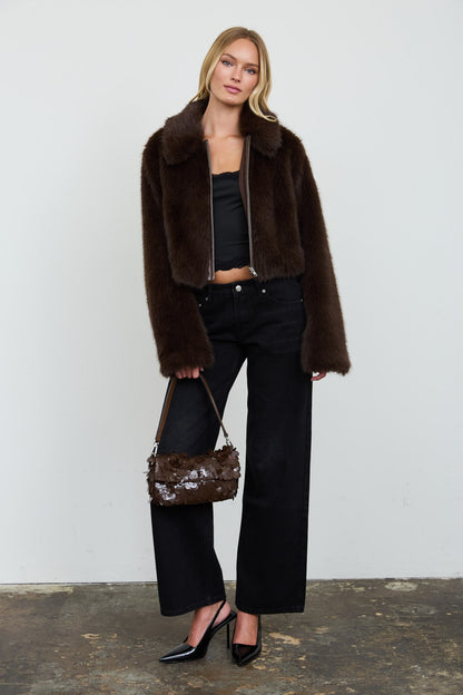 Cropped Faux Fur Zip-up Collared Jacket