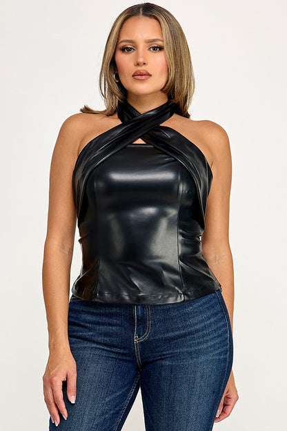 faux leather cross over halter top