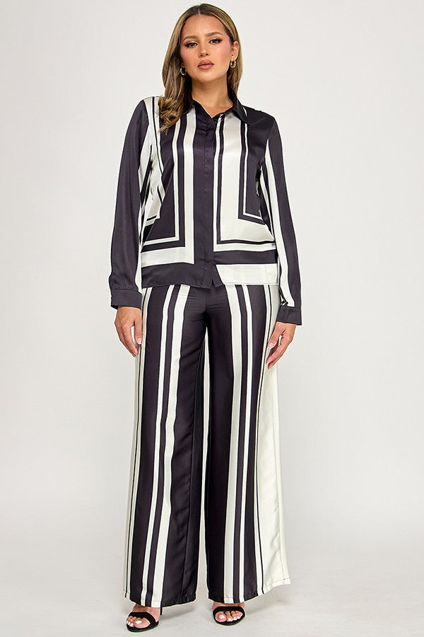 2pc set-Satin Geo Print Long Sleeve Button Down Top & Pants