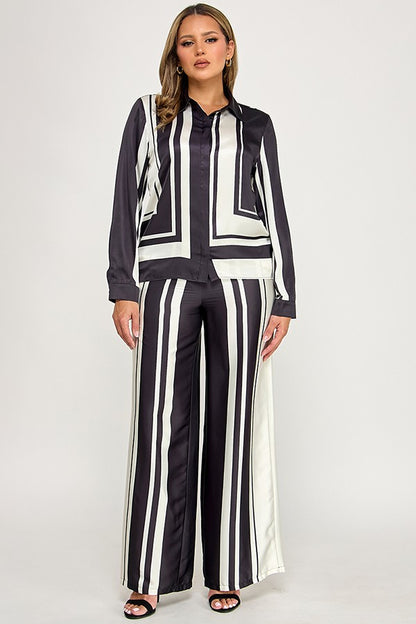 2pc set-Satin Geo Print Long Sleeve Button Down Top & Pants