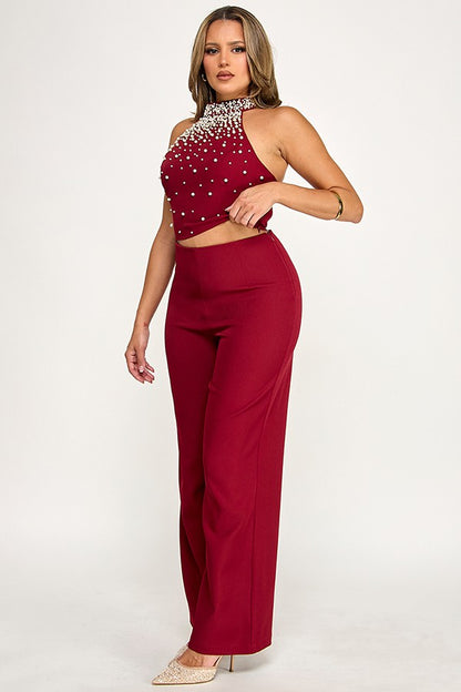 2pc set-Pearl Halter Crop Top & Wide Leg Pants