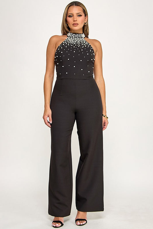 2pc set-Pearl Halter Crop Top & Wide Leg Pants