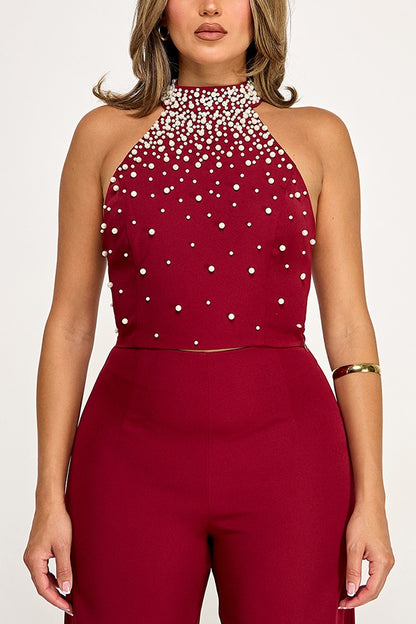 2pc set-Pearl Halter Crop Top & Wide Leg Pants
