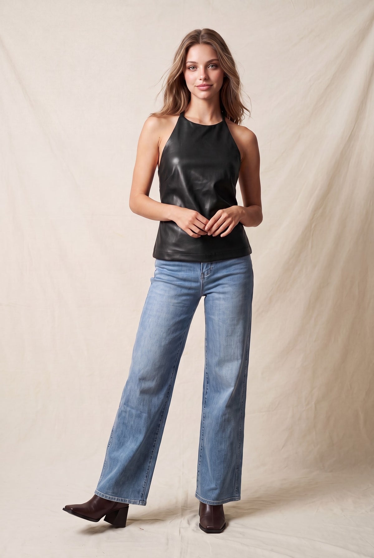 faux leather open back halter top