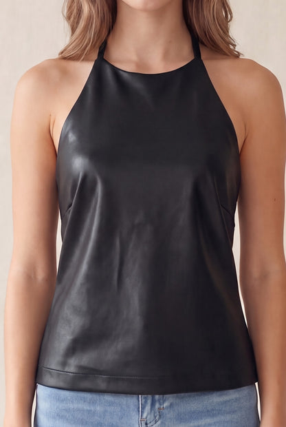 faux leather open back halter top