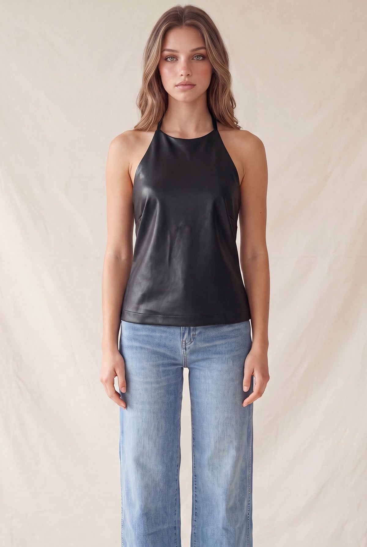 faux leather open back halter top