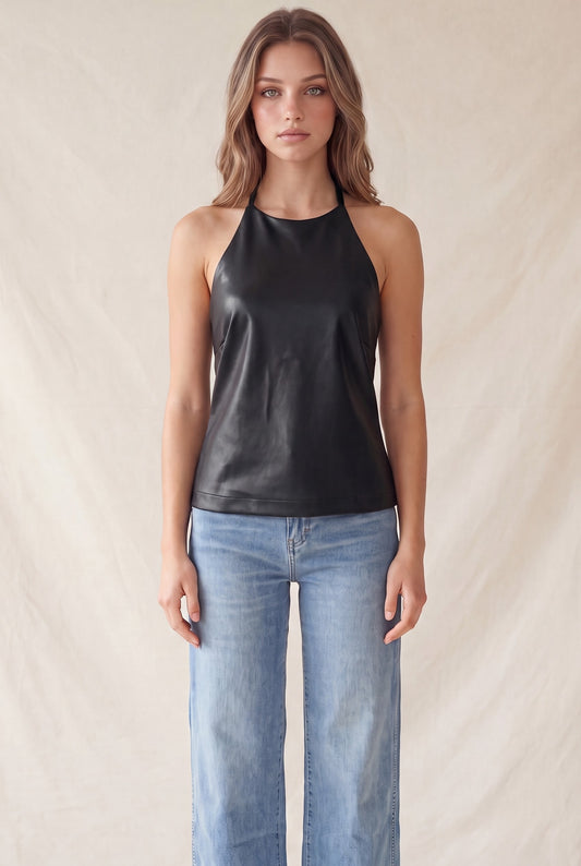 faux leather open back halter top