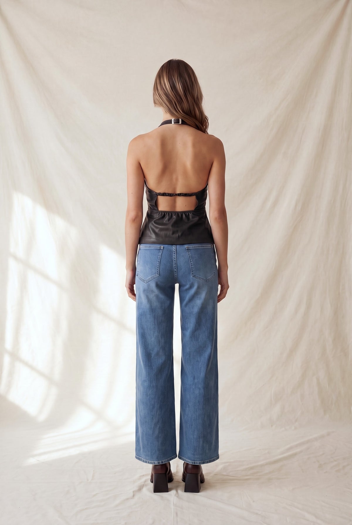 faux leather open back halter top