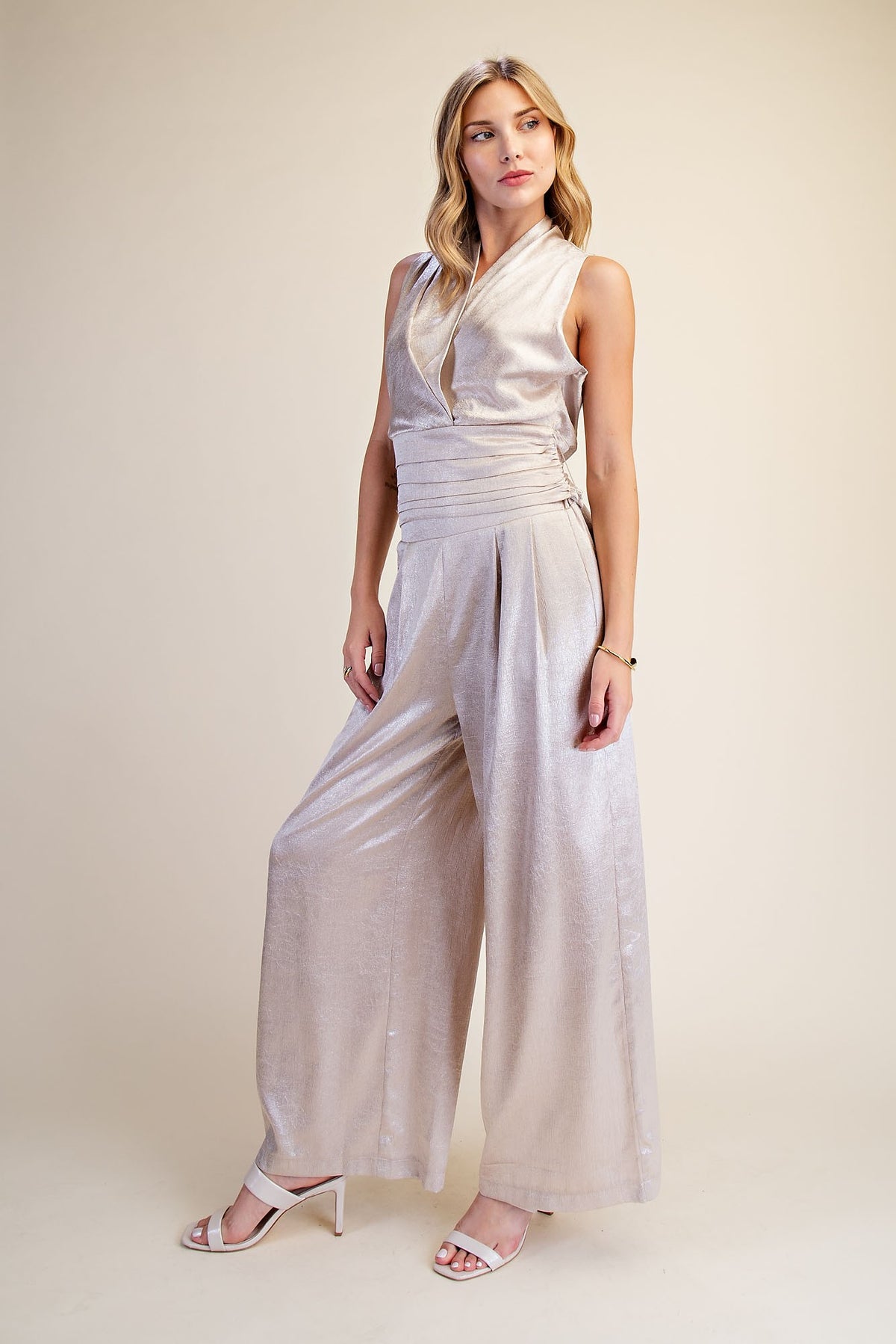 Metallic Wrap Neckline Pleated Back Tie Top