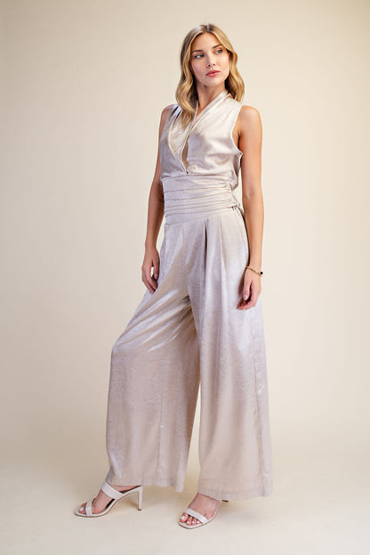 Metallic Wrap Neckline Pleated Back Tie Top