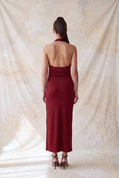 Halter Neck Metal Ruched Midi Dress