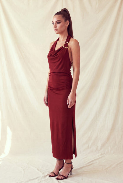 Halter Neck Metal Ruched Midi Dress