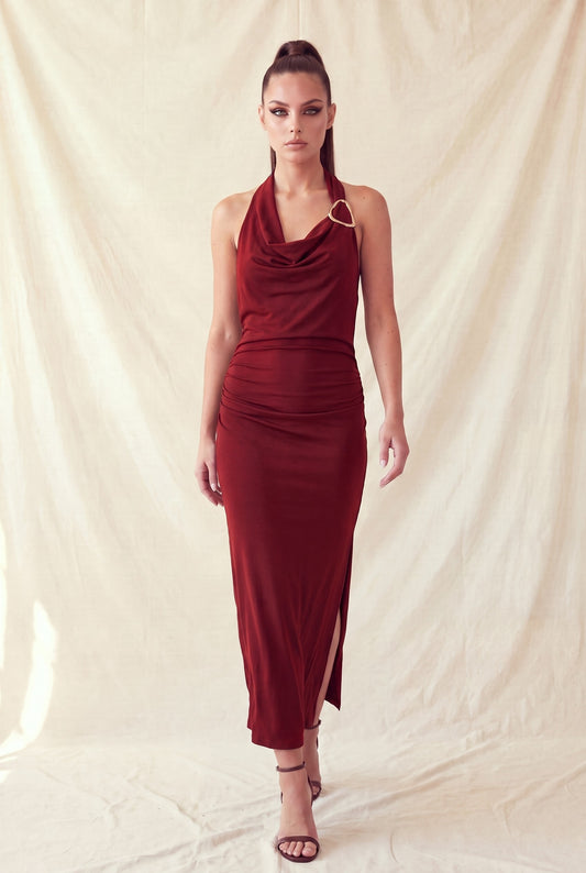 Halter Neck Metal Ruched Midi Dress