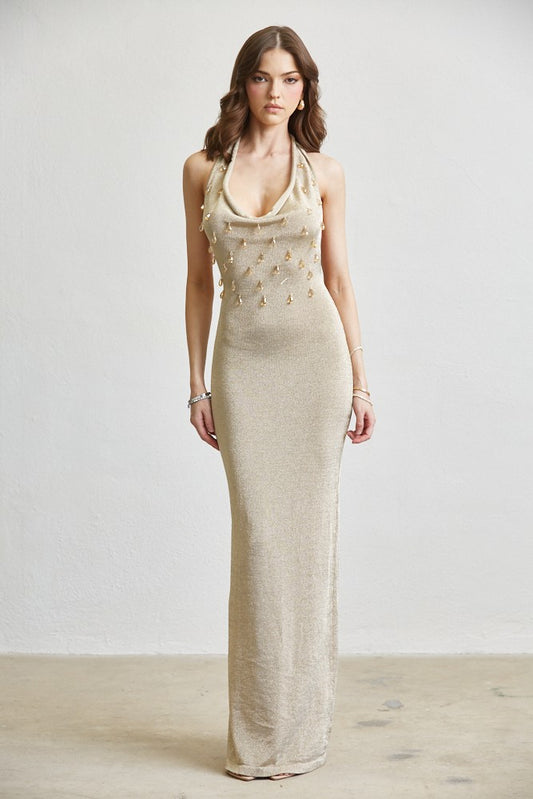 Metallic Knit Crystal Embellished Halter Sleeveless Maxi Dress